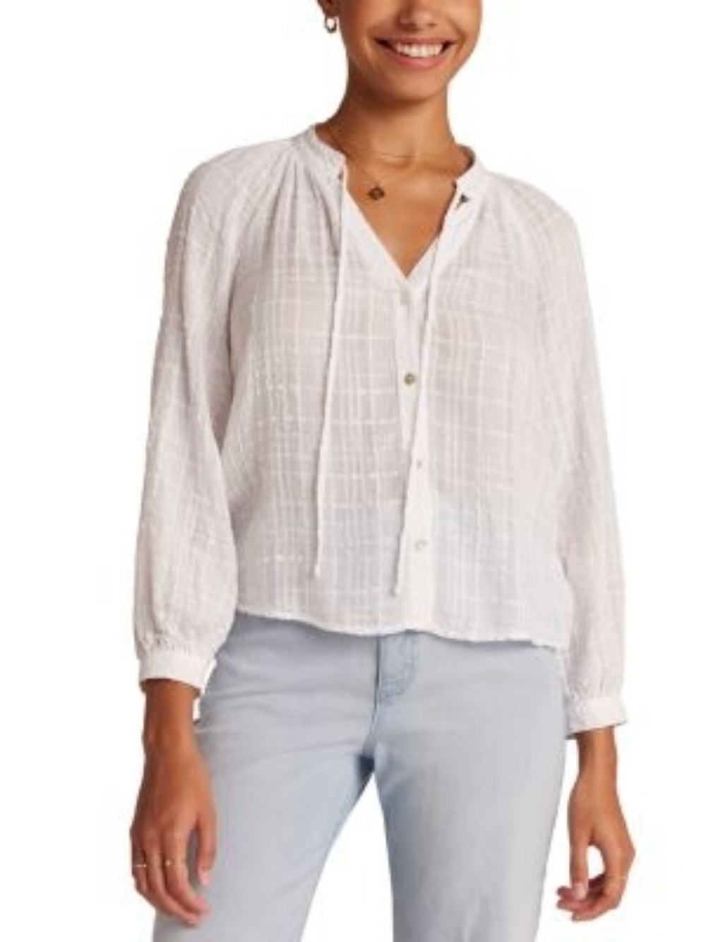 Bella Dahl Tie-Neck Raglan Sleeve Button Blouse White